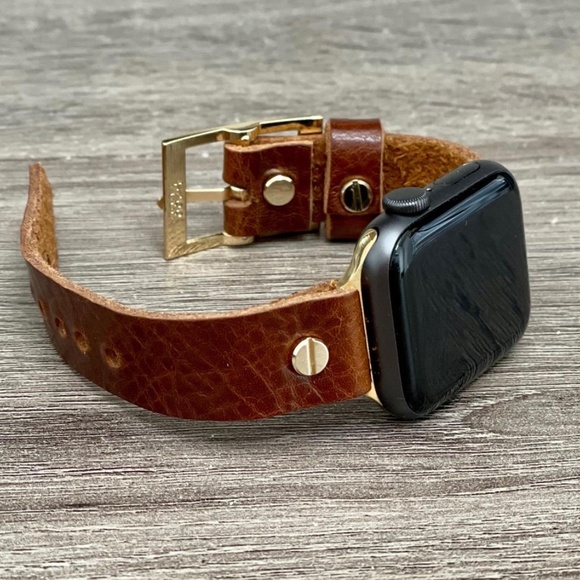 Brown Grain Leather Strap Band Gold Jewelry Apple Watch Series 7 Women Bracelet